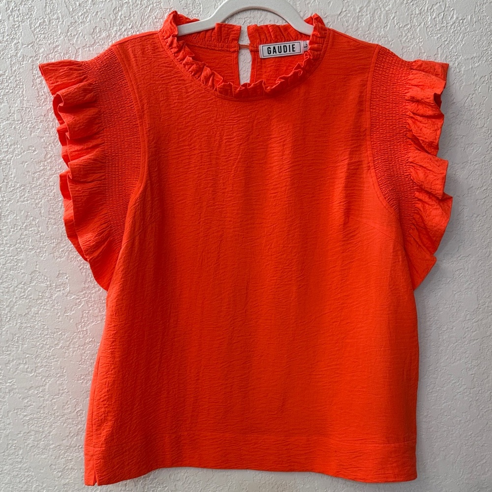 JODIFL (by Gaudie) Beautiful Orange Top with Puff Sleeves, Size Large - Picture 10 of 11